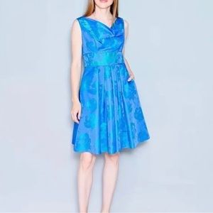 Theia Dresses Theia Blue Teal Floral Jacquard Pleated Dress